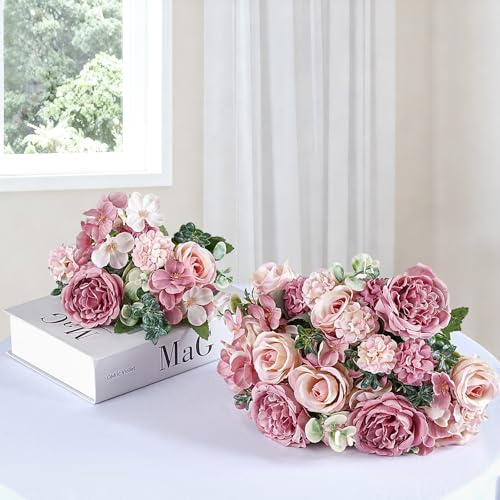 BrillShine 4 Bündel Pfingstrosen Hortensien Kunstblumen Künstliche Blumen Rosa Blumenstrauß Kunstblumen wie Echt für Hochzeit Party Garten Dekor