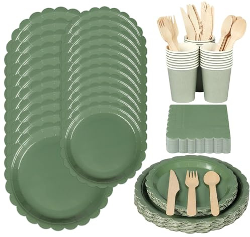200Pcs Sage Green Paper Plates and Napkins for 25 Guests | Party Plates Cups and Cutlery, Disposable Cutlery with Knives, Forks, Spoons for Party Birthday Wedding