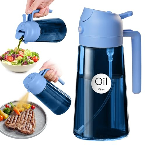 YARRAMATE 16oz/470ml Light Blocking Oil Sprayer for Cooking with Stickers, Food-Grade 2 in 1 Olive Oil Dispenser Bottle for Kitchen, Premium Dark Blue Glass Oil Bottle for Air Fryer, BBQ (Skyblue)