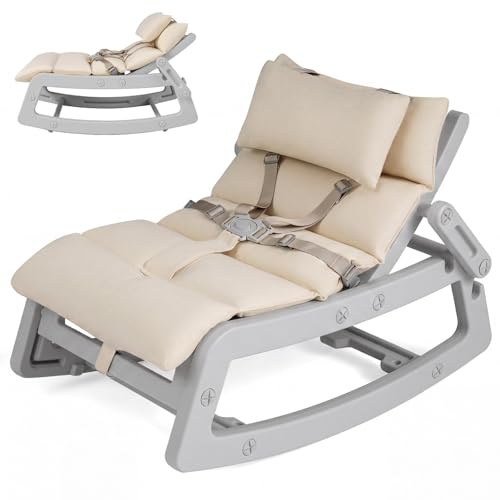 Maxmass Kids Rocking Chair, Children Relax Lounge Chair with Adjustable Backrest, Safety Harness, Cushion, Head Pillow, Outdoor Indoor Toddler Recliner Armchair Kids Rocker for 6+ Months Old (Gray)