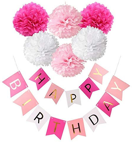 Wimpelkette Happy Birthday Banner, Papier Pom Poms Kinder Kinder Junge Mädchen Party Dekorationen Pastell Rosa Papier Wimpelkette Flaggen Girlanden Baby Dusche Supplies Mix- color