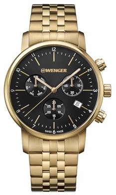 WENGER Herren Armbanduhr Urban Classic Chronograph Ø 44 mm, Swiss Made, Analog Quarz, Wasserdicht bis 100 m, Edelstahl-Armband, Schwarz/Champagner 01.1743.103