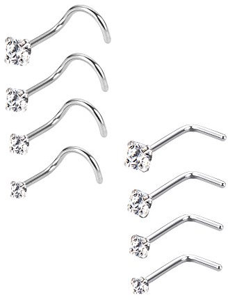 Mudder 20 Gauge Anneaux de Nez Courbés Bague du Nez Vis de Zircon Piercing Bijoux pour Le Corps, et L Bend Forme, 8 Pièces, Acier inoxydable, oxyde de zirconium, Acier