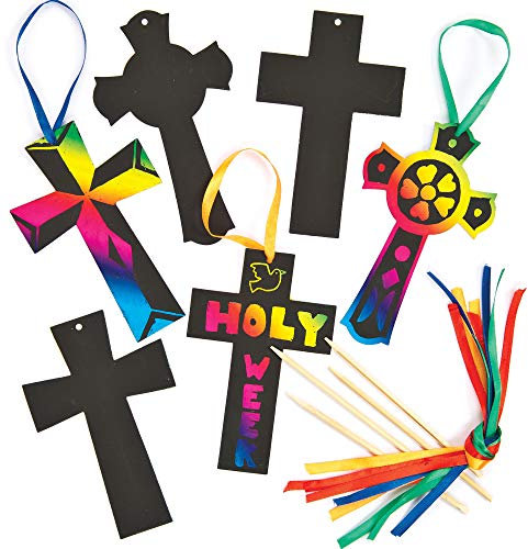Baker Ross EV599 Ross Kratzbilder zum Aufhängen - Kreuze - Religion - scratch art für Kinder zum Basteln zu Ostern (12 Stück), 15 cm, Sortiert