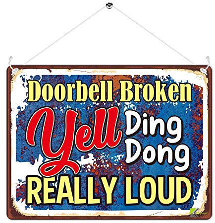 Kruzroyal MP449 Doorbell Broken Yell Ding Dong Really Loud/Door Sign Funny Novelty Retro Vintage Metal Wall Sign Plaque 20cm x 15cm