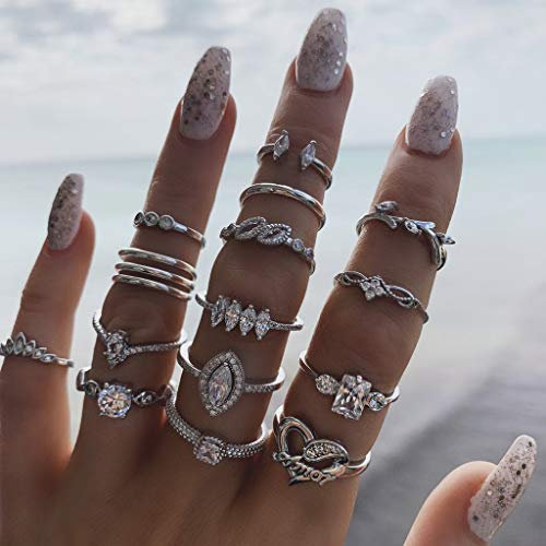 IYOU Vintage Edelstein Ringe Set Silber Kristall Stapelbare Knöchelringe Böhmische Blumen Mond Ringe für Frauen Mädchen (15 Stück)