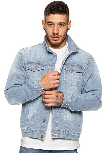 Enzo Mens Designer Denim Jacket Western Classic Style Trucker Vintage Style Coat (L, Light Blue)