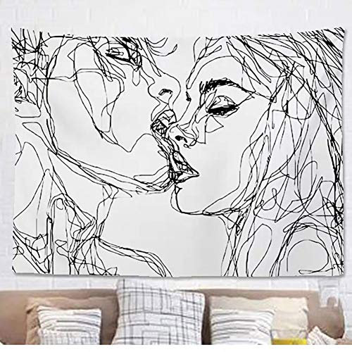 Jorisa Skizze Kuss Liebhaber Tapisserie Wandteppich,Männer Frauen Paar Küssen Abstrakte Skizze Kunst Hintergrund Stoff Schwarz Weiß Wandtuch Wandbehang für Wohnzimmer,Schlafzimmer,Wohnheim,150x200cm