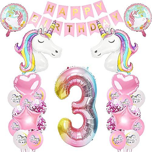 iWheat Luftballon 3. Geburtstag Rosa, Einhorn Deko 3. Kindergeburtstag, Einhorn Geburtstagsdeko 3 Jahr Mädchen, Geburtstags Deko Mädchen 3 Jahr, Riesen Folienballon Zahl 3, Happy Birthday Banner
