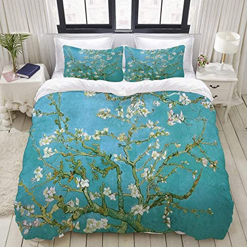 JGTQ Bettwäsche Bettbezug Set 135x200cm Van Gogh Mandelblüte 3D Bettbezug Set Microfaser weiche Flauschige Bettdeckenbezug mit Reißverschluss und 2 Kissenbezug 80x80cm