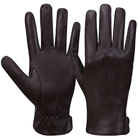 MGGMOKAY Mens Winter Sheepskin Leather Gloves Touchscreen,Brown,M