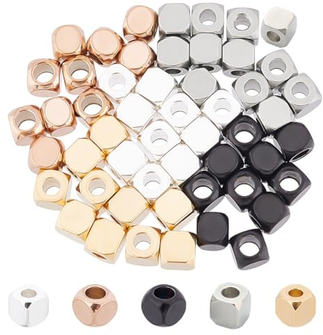 DICOSMETIC 50 Stück 5 Farben 4mm Würfel Abstandsperlen Edelstahl Quadratische Perlen Metall Abstandsperlen Kleine Glatte Perlen Für Armband Halskette Schmuck Handwerk Herstellung, 2-2.5mm Loch