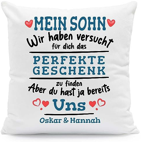 GRAVURZEILE Kissen mit Spruch Personalisiert mit Name - Geschenke für die ganze Familie - Größe: mit Füllung - Farbe: Mein Sohn (Wir haben.)
