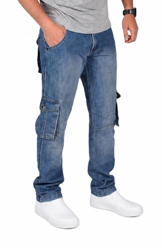 True Face Men's Cargo Combat Jeans Regular Fit Denim Multi-Pocket Jeans