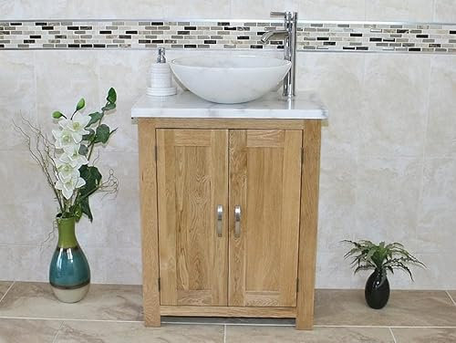 Wooden Bathroom Vanity with Sink - Natural Oak Double Door Bathroom Sink Cabinet - Single Vanity Unit Bathroom Wash Basin with Chromed Mixer Tap - White Bowl with White Marble Top (310WMSBC)