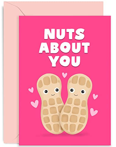 Old English Co. Funny Nuts About You Anniversary Card for Boyfriend Girlfriend - Cute Peanut Valentine Card For Husband or Wife | Blank Inside with Envelope