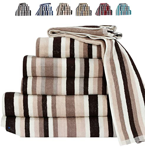 TheWhiteWater – Pack of 2 100% Natural Cotton Hand Towels – Brown Striped 50 x 85 cm – Soft 550 GSM Royal Victorian Flossy Salon Style – Quick-Dry, Absorbent – Ideal for Bathroom or Gym Use (Brown)