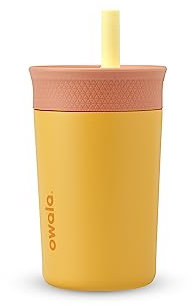 Owala Kids Insulation Stainless Steel Tumbler with Spill Resistant Flexible Straw, Easy to Clean, Kids Water Bottle, Great for Travel, Dishwasher Safe, 12 Oz, Peach and Yellow (Picnic)