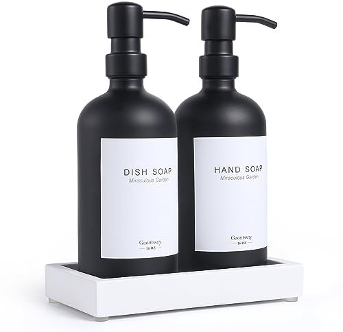 Glass Soap Dispenser with Pump and Concrete Tray | Vintage Soap Dispenser Bathroom and Kitchen Set w. Dish Soap, Hand Soap, Lotion Waterproof Labels（Black Bottles + Black Pump)