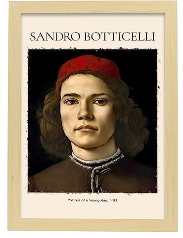 Lámina poster de Retrato de un joven Cuadros decorativos para tu salón, hogar. Estampados de arte de pared. Estampados de pared estéticos inspirados en Sandro Botticelli A3 con marcos de madera ligera