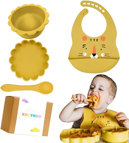 Vajilla de Silicona para Bebé con Ventosa - Set Aprendizaje Comida BLW, No Huele - Cuenco y Plato Ventosa Infantil, Babero y Cuchara Iniciación (Amarillo)