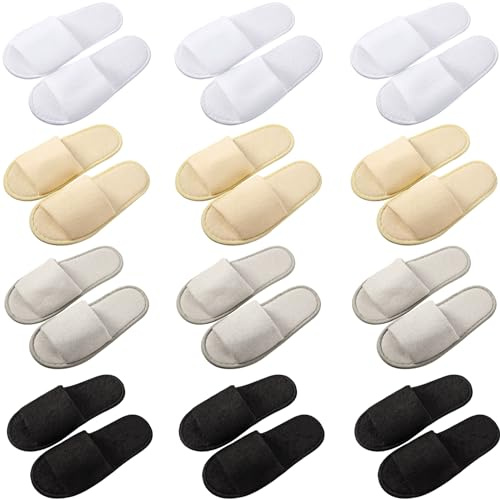 Silicherry 12 Pairs House Slippers for Guests Disposable Open Toe Spa Slippers Unisex Travel Slipper Bulk for Halloween Christmas Wedding Party(Black, White, Khaki, Light Gray,M)