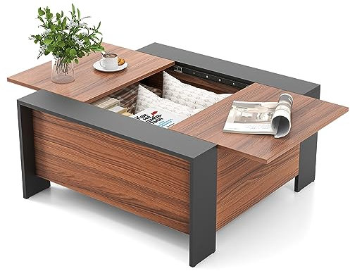COSTWAY 92cm Coffee Table, Wooden Square Center Table with Sliding Top & Hidden Compartment, Extendable Cocktail Tea Table Accent Table for Office Reception Room (Black + Walnut)