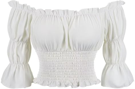 Josamogre White Blouses for Women Off The Shoulder Renaissance Tops Medieval Pirate Shirt Gothic Smocked Boho Short Sleeve S