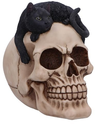 Nemesis Now Forever Friend - Gato sobre calavera de 14,5 cm, resina, negro/hueso, adorno de gato tumbado en calavera, decoración gótica de gato, fundido en la mejor resina, pintado a mano por expertos