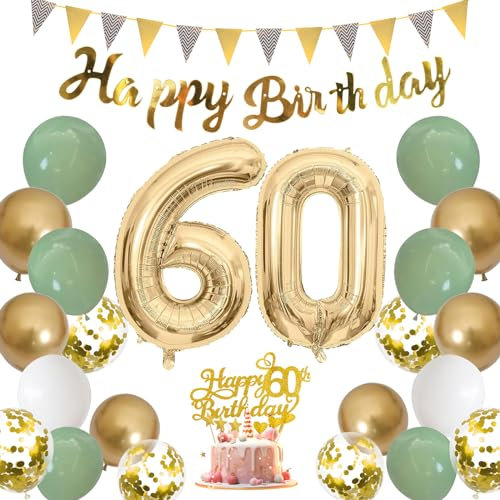 Moorle Salbeigrüne 60. Geburtstag Deko für Frauen und Männer - Grün Weiß Gold Luftballons, Party Ballons mit Banner Flaggen, Tortendeko für 60. Dekoration