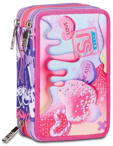 SJ Gang Astuccio Scuola 3 Zip, Rosa, Sphere Full Girl, Portapenne Triplo Scomparto Completo Di Penne, Matite, Colori, Accessori Zaino, Elementari, Medie, Bambina