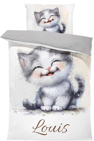 Pictogogo Personalisierte Baby Bettwäsche, Kinderbettwäsche, Bettwäsche Mit Namen, Babybett Komplett Set Mit Reißverschluss, Oeko-TEX Standard 100 (Graue Katze, 100 x 135 cm)