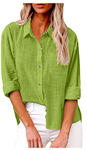 Damen Bluse Langarm Leinenhemd - Elegantes Sommer Hemd Top Mit Revers, Einfarbig Basic, Grün, XXL