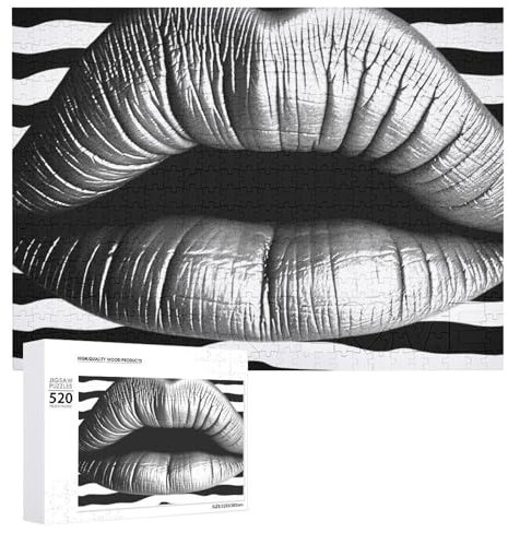 Wooden Puzzle Lips Printed in Black and White Stripes Jigsaw Puzzles 520 PCS Personalized Picture Puzzle Family Decoration Puzzles for Adults Challenging Puzzle Family Wedding Graduation Present