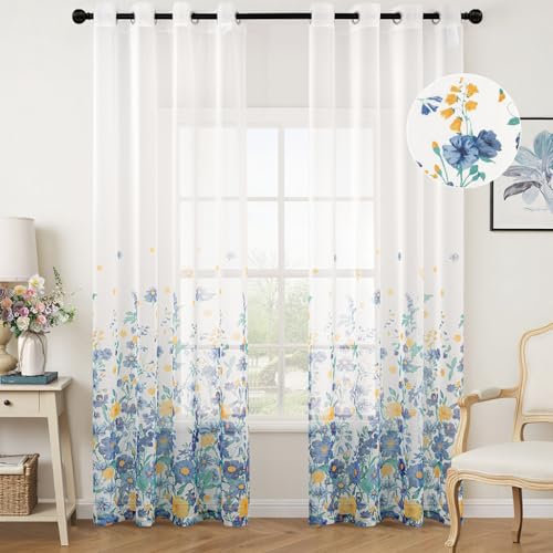 Woaboy Gardinen Navy Blau Voile Blumenmuster Vorhänge mit Ösen Wohnzimmer Transparente Ösenschal Sheer Voile Curtains für Schlafzimmer 2er Set 140x225cm(BxH)