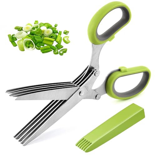Neoreser Tijeras para Hierbas, Tijeras Especias, con Tapa de Seguridad y Peine Limpieza Multifuncionales Tijeras De Cocina de Acero Inoxidable 5 Hojas para Hierbas, Especias, Perejil, Cebollinos