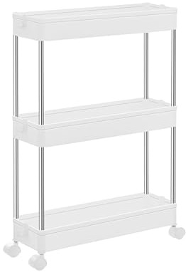 ASelected Servierwagen mit Rollen, 3 Ebenen Rollwagen Schmal, Nischenwagen Nischenregal mit 4 Haken für Küche Bad Waschküche, 60x35x13CM