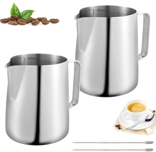 2Pcs Milk Frothing Pitcher 30oz/900ML Stainless Steel Milk Jug Coffee Latte Container Mug Foam Cup Coffeeware with Measurement Mark and Latte Art Pen Barista Accessories for Cappuccino Latte Espresso