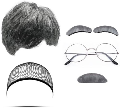 MIVAIUN 6 Stück Opa Kostüm Set Grau Perücke Herren Schnurrbart zum Ankleben Augenbrauen Perückenkappe Brille Alter Mann Herren Perücke Bart Kostüm für Halloween Weihnachten Cosplay Party (Grau)