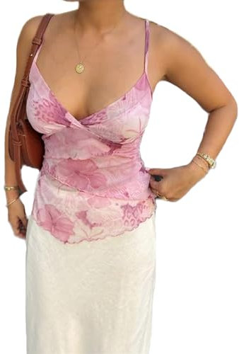 Damen Tops Ärmellose Träger-Tops Elegant Blumendruck Spaghetti Träger Tank Top Y2k Crop Top Sommer Slim Fit Oberteile Aesthetic Clothes (Rosa, S)