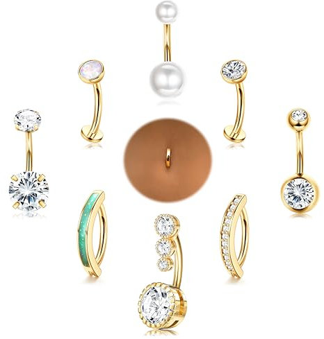 Chriscoco 9Pcs 14G Piercing Nombril Acier Chirurgical Argent/Or, Piercing au Nombril CZ Piercing Nombril Anneau pour Femmes, Clicker Piercing Grossesse Nombril Bijoux, G
