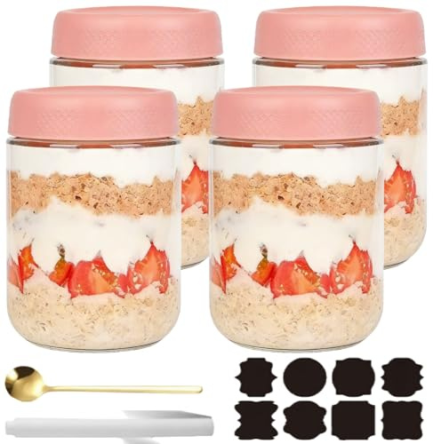 CNKHDZ Pot à avoine pour la nuit avec couvercle, salade d'avoine pour la nuit, pot de préparation de repas pour confitures maison, conserves, bocaux Mason, levain (Rose, 4pack/500ml)