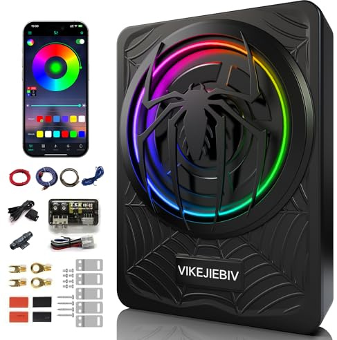 1200W RGB subwoofer, slim subwoofer under seat and amp pack with RGB beat synchronized light, individual control for Low Pass/Gain/Boost Bass, deep bass perfect for truck