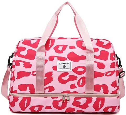 Leopardenmuster Sporttasche Damen mit Schuhfach – Pinke Reisetasche 51x35x26cm für Fitnessstudio, Handgepäck & Wochenendtrip – Leichte Gym Bag mit Schultergurt & viel Stauraum Leopard Muster Leo
