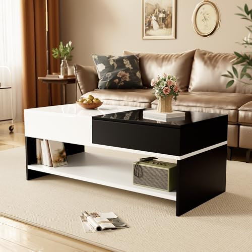 BTM Table Basse Moderne avec 2 Tiroir, Table Basse Bois Salon, Coffee Table Charge 50kg, 100 x48x40cm, Brillance Blanc et Noir