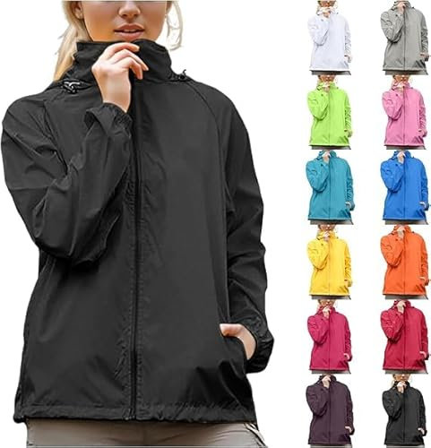Coupe Vent Femme Impermeable Veste De Pluie avec Capuche LéGèRe SéChage Rapide Couleur Unie Veste Sport Femme avec Fermeture éClair Fine Respirant Veste D'ExtéRieur pour Les Voyages Et Le