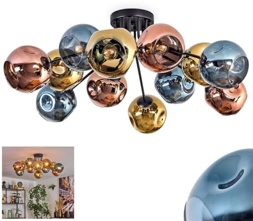 HOFSTEIN Deckenleuchte Ripoll, 12-flammige Deckenlampe aus Metall/Glas in Schwarz/Gold/Blau/Kupfer, moderne Leuchte im Retro/Vintage-Design, Schirme Ø 15 cm, E14, Esszimmer, Wohnzimmer, Schlafzimmer