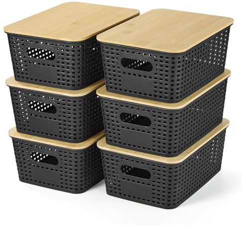 VIIHTYISA Kunststoff-Aufbewahrungsbox mit Bambusdeckel, Stapelbare Aufbewahrungsbox, Korb zum Ordnen von Regalen, Schubladen, Schreibtischen, Schränken, Spielzimmern und Büros, 6er-Set, Schwarz