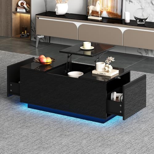 boorbin 95 * 48 * 40cm Couchtisch mit Hebeplatte, höhenverstellbar ausziehbar, Lift-Top-Tisch. Wohnzimmertisch mit 2 Schubladen, Sofatisch mit LED,Multifunktionaler Lift-up-Kaffeetisch (Schwarz)