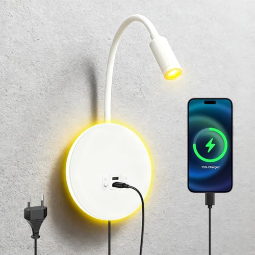 GBKDQQ LED Wandmontage, Leselampe Bett mit 2.1A USB-Auflad Tybe-C und 2 x Schalter, 3W+8W Bettlampe Dimmbar, 4000K, Schwanenhals Wandlampe Schlafzimmer Buchlampe für Schlafzimmer(Weiß)